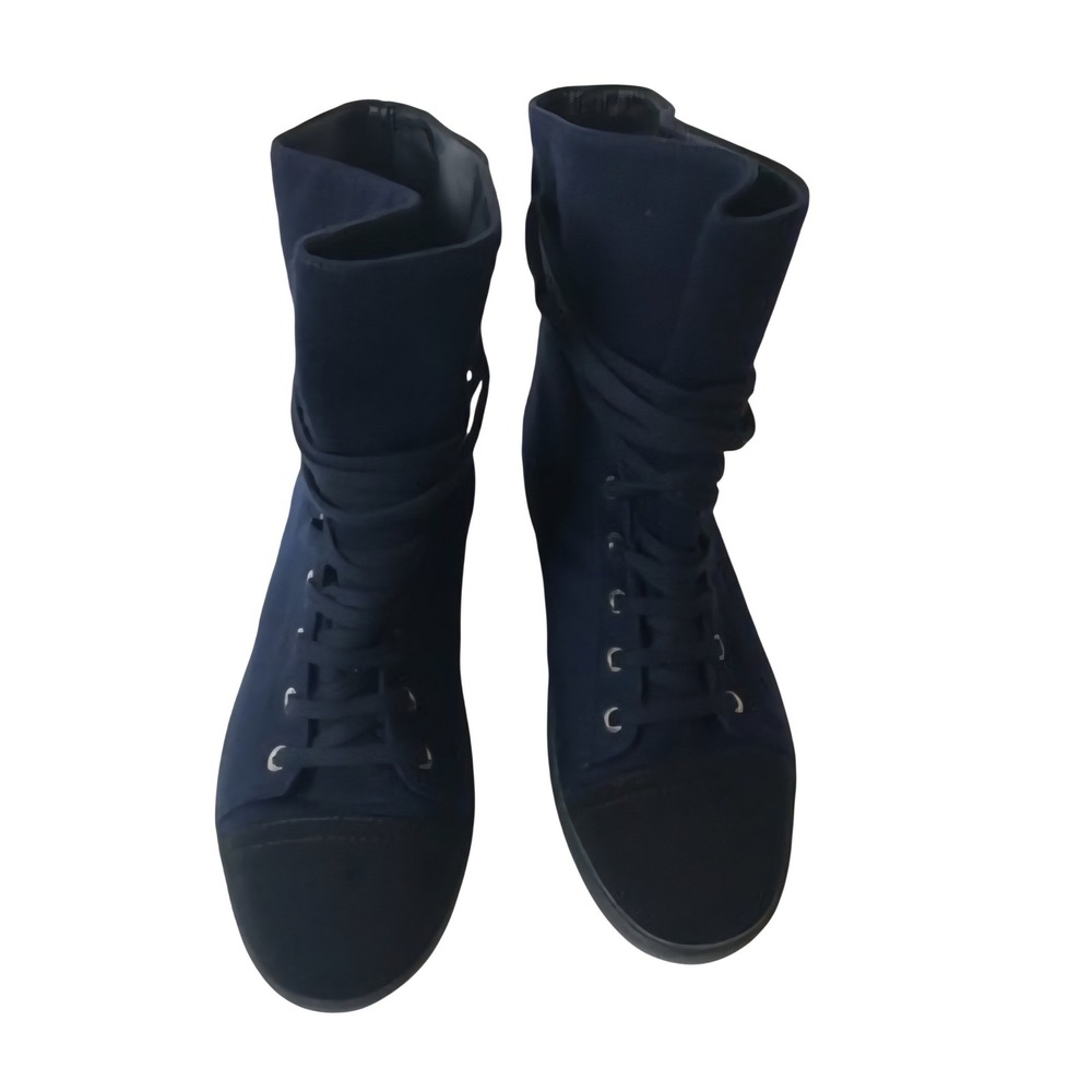 Chanel Navy Blue Canvas High Top CC Logo Lace Up Cap Toe Sneakers Boots Italy 38
